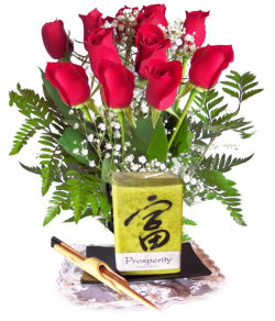 Good Fortune Candle & Rose Bouquet